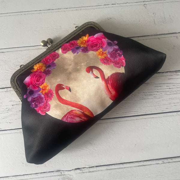 Moonscape Floral Pink Flamingos Satin 8 Inch Bronze Clasp Purse Frame Clutch Bag