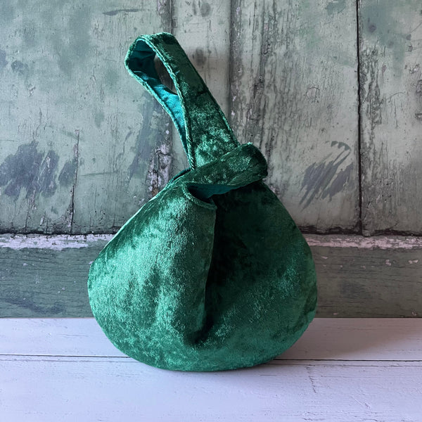 Jewel Green Reversible Crushed Velvet Satin Japanese Wristlet Knot Clutch Bag