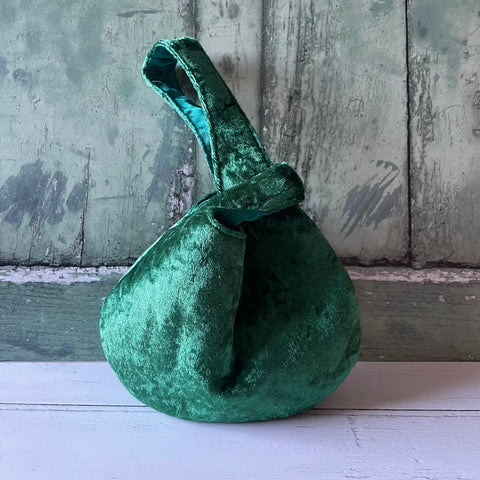 Jewel Green Reversible Crushed Velvet Satin Japanese Wristlet Knot Clutch Bag