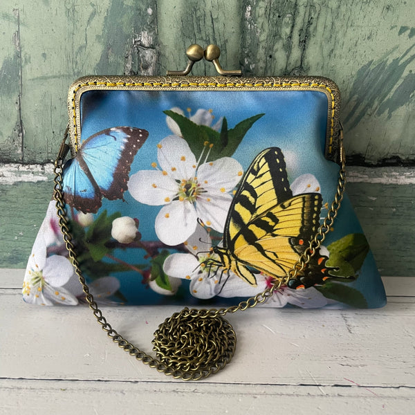 Yellow Butterfly and Blossom Satin 5.5 Inch Bronze Clasp Purse Frame Clutch Bag