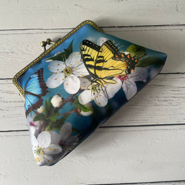 Yellow Butterfly and Blossom Satin 5.5 Inch Bronze Clasp Purse Frame Clutch Bag