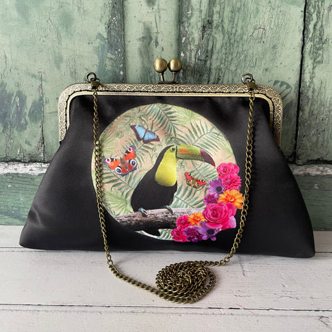 Moonscape Tropical Floral Toucan Bird Satin 8 Inch Bronze Clasp Purse Frame Clutch Bag