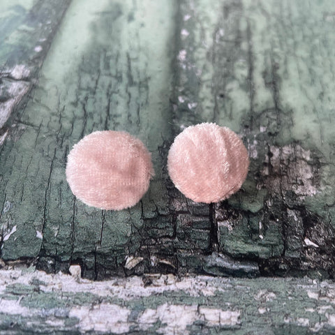 Pale Peach Crushed Velvet Fabric Button Stainless Steel Stud Earrings