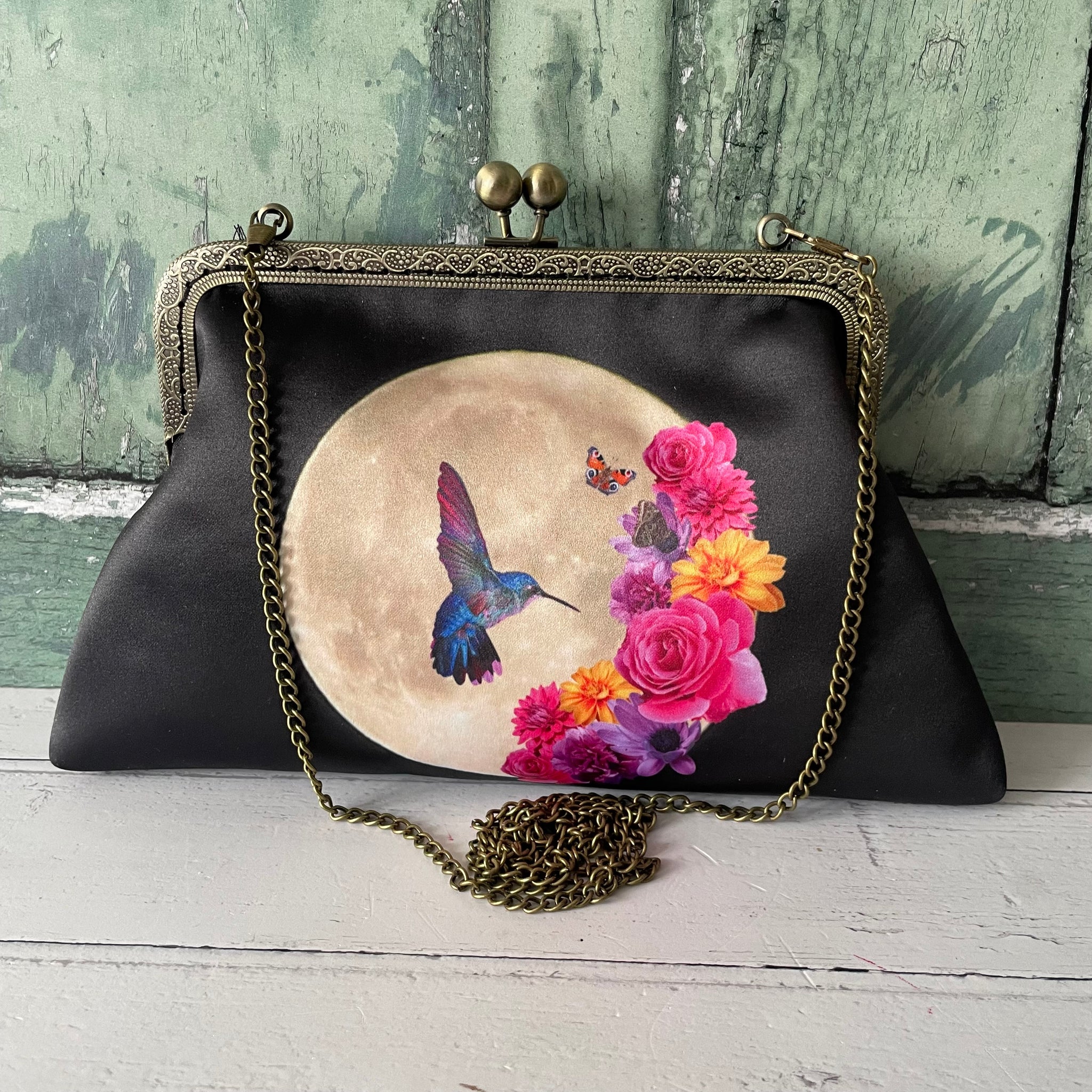 Tropical Floral Moon Hummingbird Satin 8 Inch Sew-In Bronze Clasp Purse Frame Clutch Bag