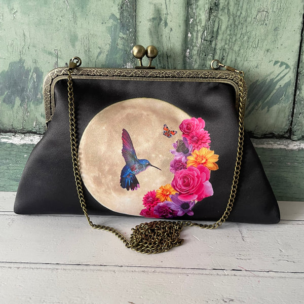 Tropical Floral Moon Hummingbird Satin 8 Inch Sew-In Bronze Clasp Purse Frame Clutch Bag