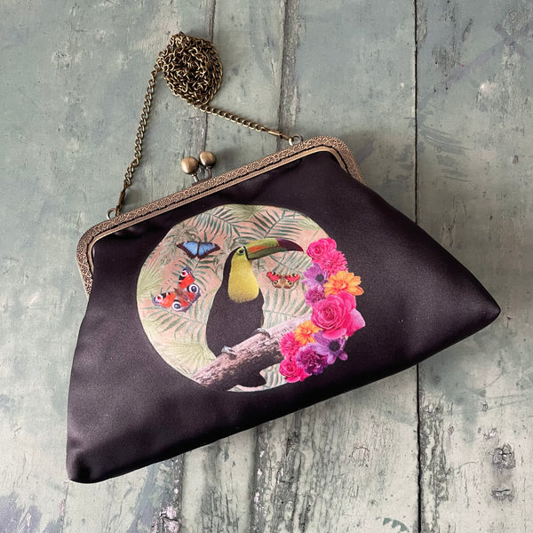 Moonscape Tropical Floral Toucan Bird Satin 8 Inch Bronze Clasp Purse Frame Clutch Bag