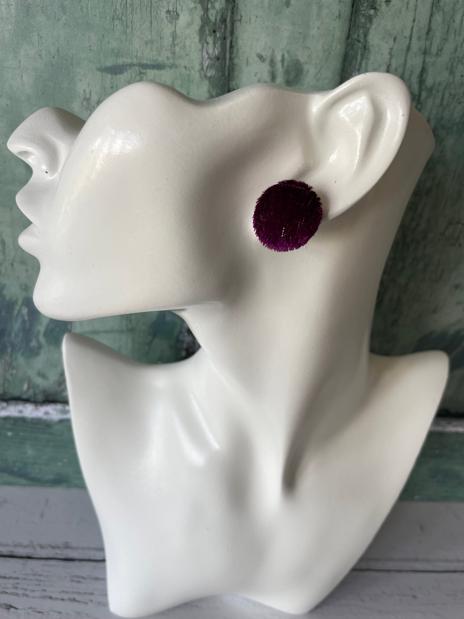 Aubergine Plum Crushed Velvet Fabric Button Stainless Steel Stud Earrings