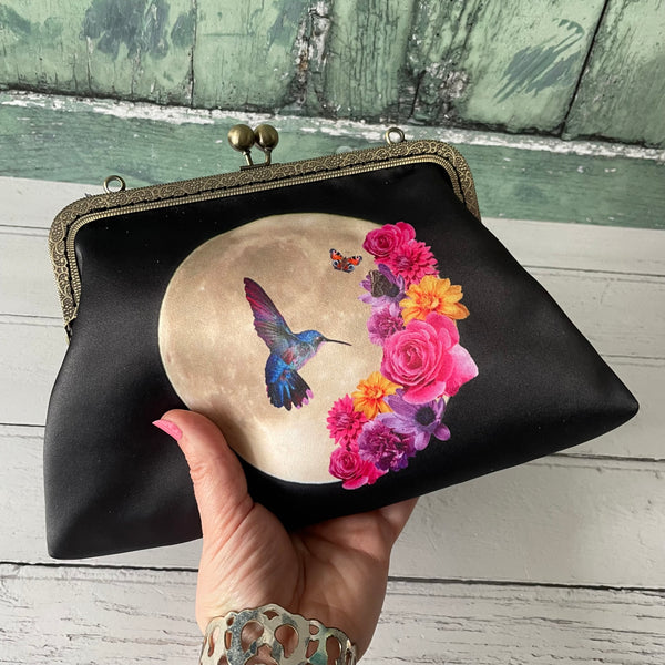 Tropical Floral Moon Hummingbird Satin 8 Inch Sew-In Bronze Clasp Purse Frame Clutch Bag