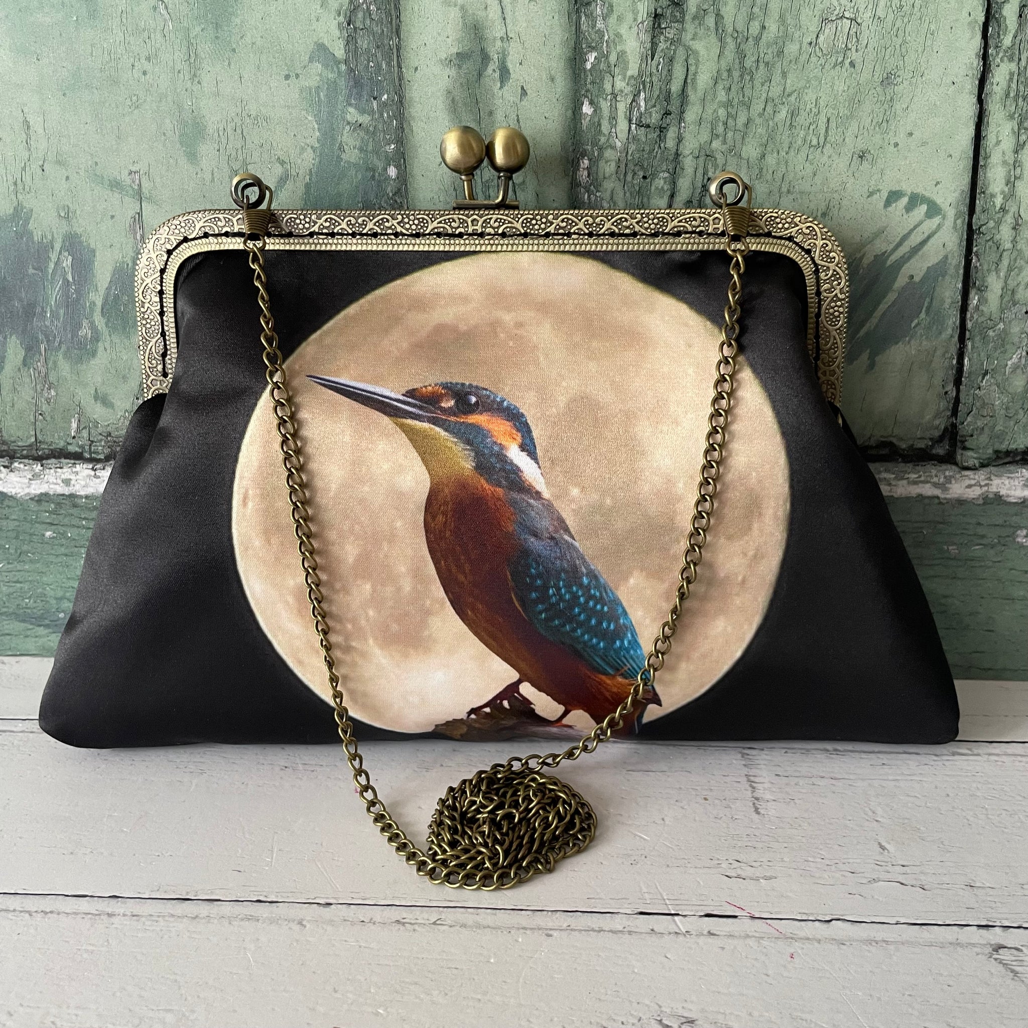 Moonscape Blue Kingfisher Bird Satin 8 Inch Sew-In Bronze Clasp Purse Frame Clutch Bag