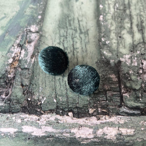 Dark Green Crushed Velvet Fabric Button Stainless Steel Stud Earrings