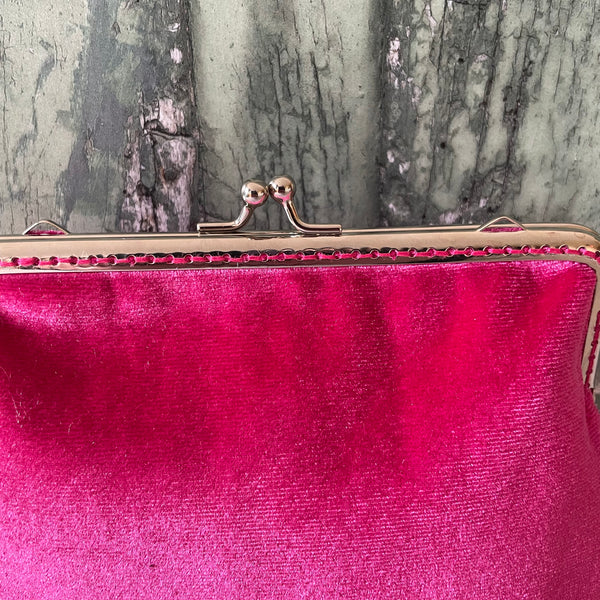 Hot Pink Velvet 5.5 Inch Silver Tone Sew In Clasp Purse Frame Clutch Bag