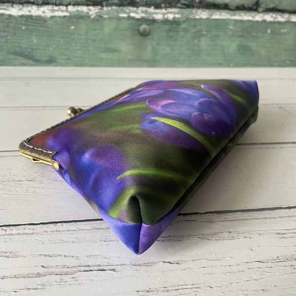 Spring Purple Crocus Floral Satin 5.5 Inch Bronze Clasp Purse Frame Clutch Bag