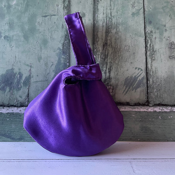 Purple Reversible Crushed Velvet Satin Japanese Wristlet Knot Clutch Bag