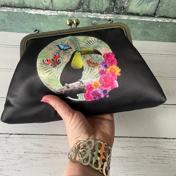 Tropical Floral Moon Toucan Satin 8 Inch Sew-In Bronze Clasp Purse Frame Clutch Bag