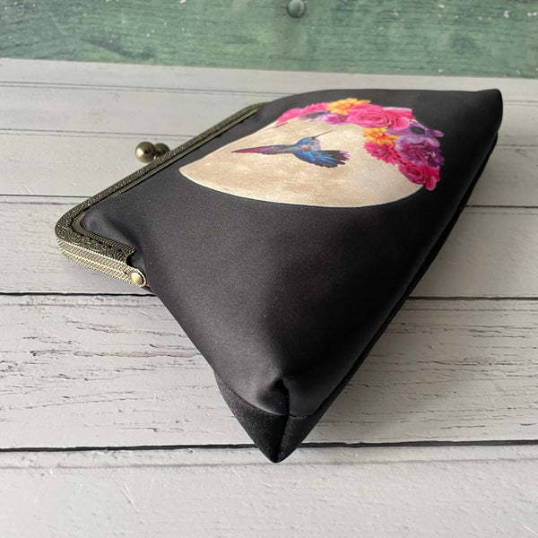 Tropical Floral Moon Hummingbird Satin 8 Inch Sew-In Bronze Clasp Purse Frame Clutch Bag