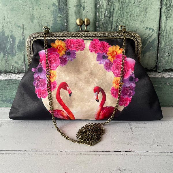 Moonscape Floral Pink Flamingos Satin 8 Inch Bronze Clasp Purse Frame Clutch Bag