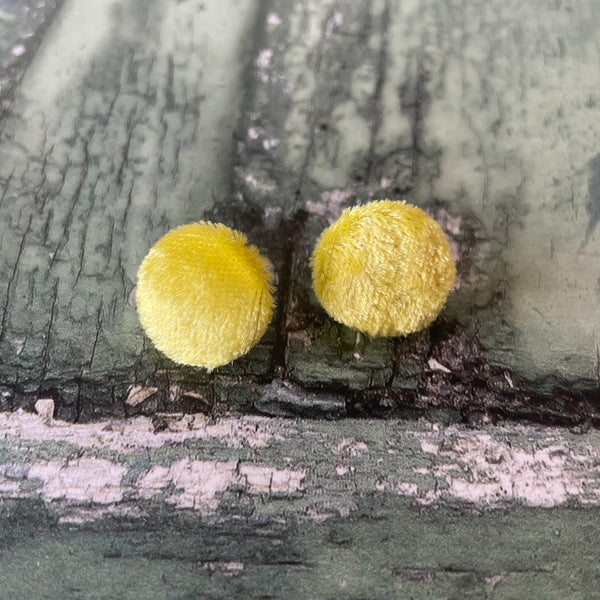 Yellow Crushed Velvet Fabric Button Stainless Steel Stud Earrings