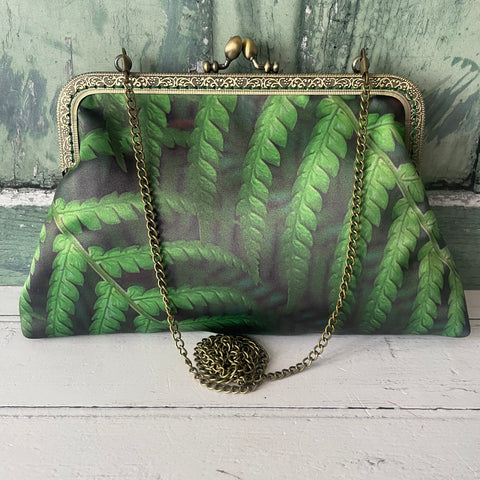 Green Ferns Satin 8 Inch Sew-In Bronze Clasp Purse Frame Clutch Bag