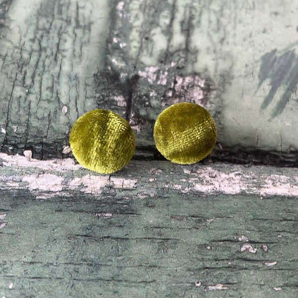 Olive Green Crushed Velvet Fabric Button Stainless Steel Stud Earrings