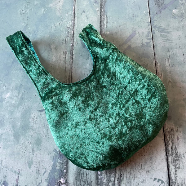 Jewel Green Reversible Crushed Velvet Satin Japanese Wristlet Knot Clutch Bag