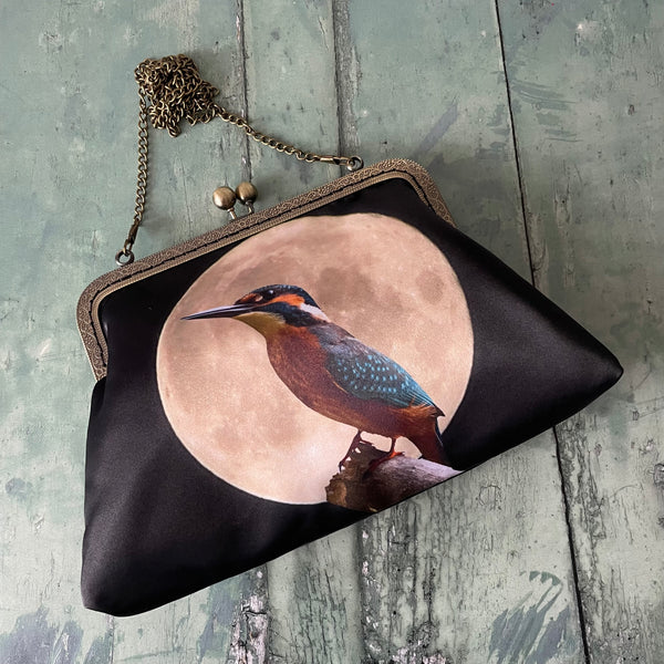 Moonscape Blue Kingfisher Bird Satin 8 Inch Sew-In Bronze Clasp Purse Frame Clutch Bag