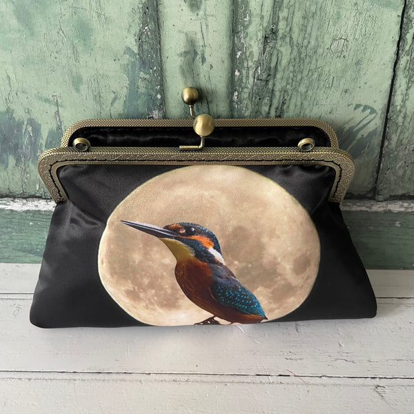 Moonscape Blue Kingfisher Bird Satin 8 Inch Sew-In Bronze Clasp Purse Frame Clutch Bag