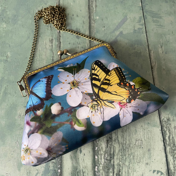 Yellow Butterfly and Blossom Satin 5.5 Inch Bronze Clasp Purse Frame Clutch Bag