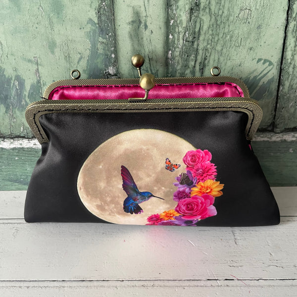 Tropical Floral Moon Hummingbird Satin 8 Inch Sew-In Bronze Clasp Purse Frame Clutch Bag