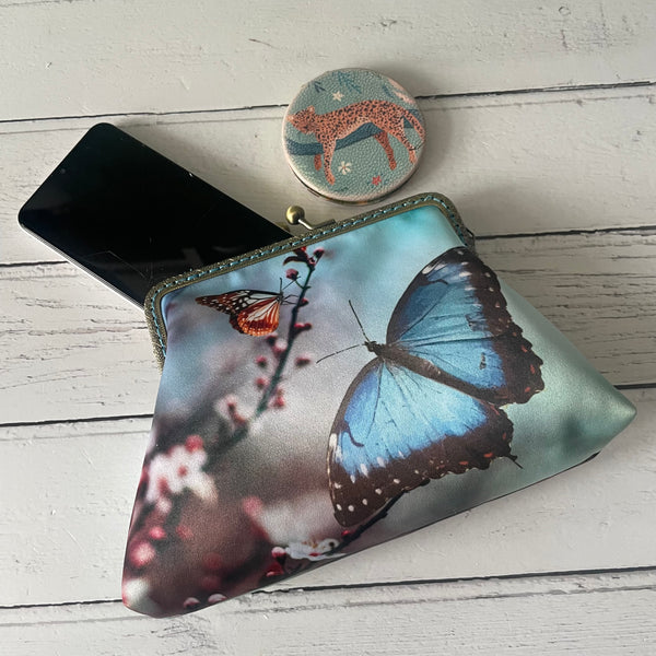 Blue Butterfly and Blossom Satin 5.5 Inch Clasp Purse Frame Clutch Bag