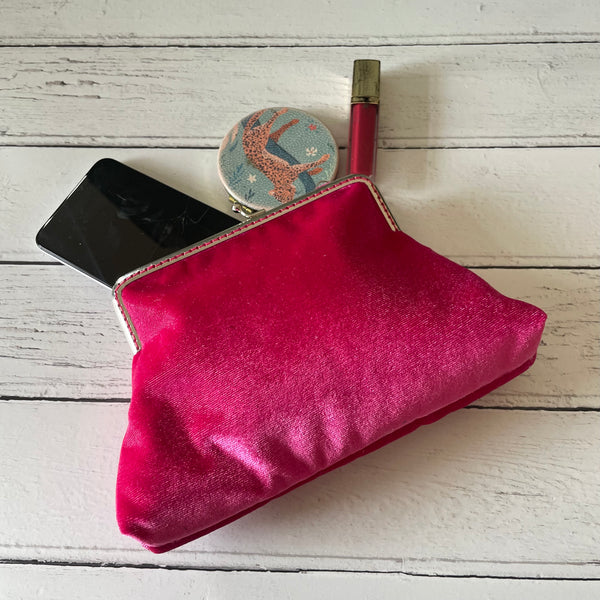 Hot Pink Velvet 5.5 Inch Silver Tone Sew In Clasp Purse Frame Clutch Bag