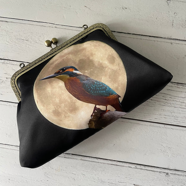 Moonscape Blue Kingfisher Bird Satin 8 Inch Sew-In Bronze Clasp Purse Frame Clutch Bag