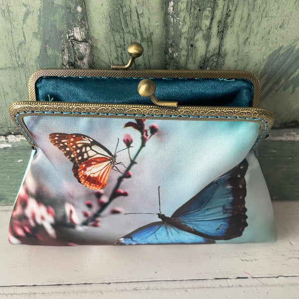 Blue Butterfly and Blossom Satin 5.5 Inch Clasp Purse Frame Clutch Bag