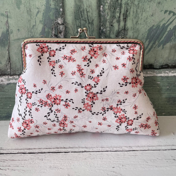 White Pink Pansies Floral Cotton 5.5 Inch Silver Clasp Purse Frame Clutch Bag