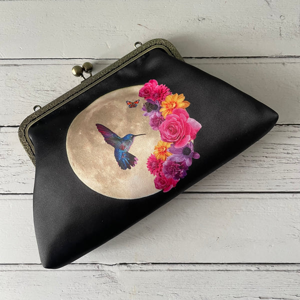 Tropical Floral Moon Hummingbird Satin 8 Inch Sew-In Bronze Clasp Purse Frame Clutch Bag