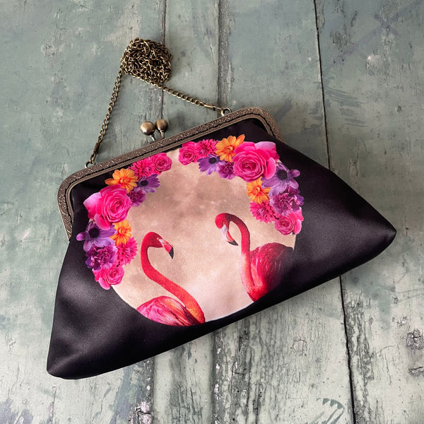 Tropical Floral Moon Flamingos Satin 8 Inch Sew-In Bronze Clasp Purse Frame Clutch Bag