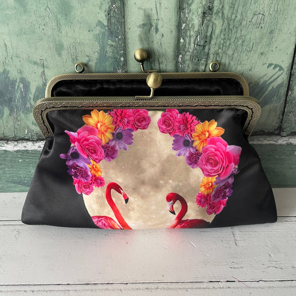 Tropical Floral Moon Flamingos Satin 8 Inch Sew-In Bronze Clasp Purse Frame Clutch Bag