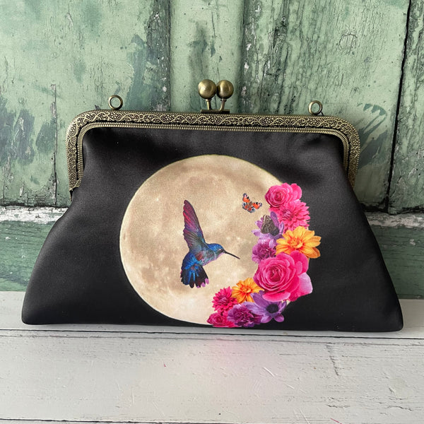 Tropical Floral Moon Hummingbird Satin 8 Inch Sew-In Bronze Clasp Purse Frame Clutch Bag