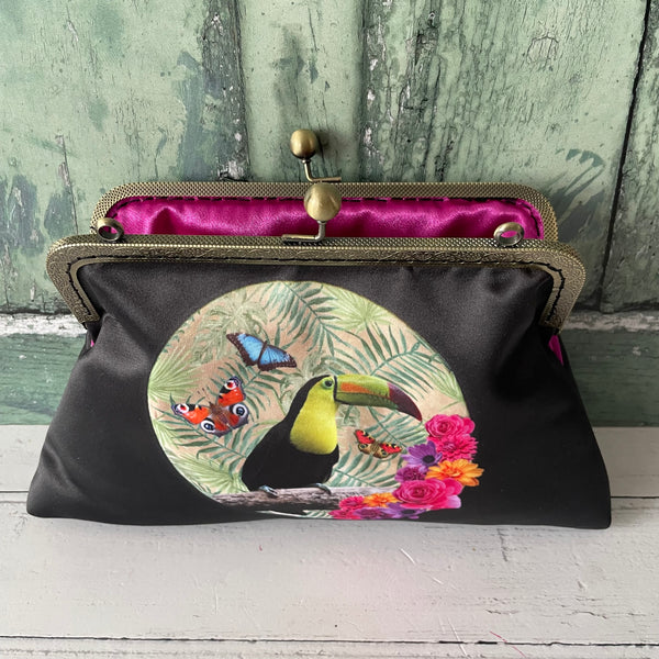 Tropical Floral Moon Toucan Satin 8 Inch Sew-In Bronze Clasp Purse Frame Clutch Bag