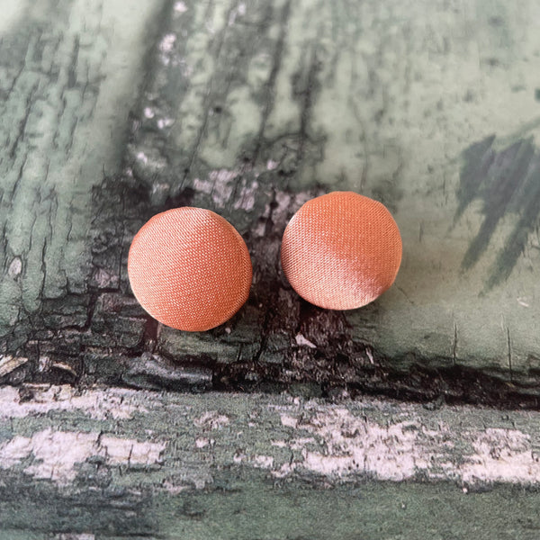 Peachy Orange Satin Fabric Button Stud Earrings