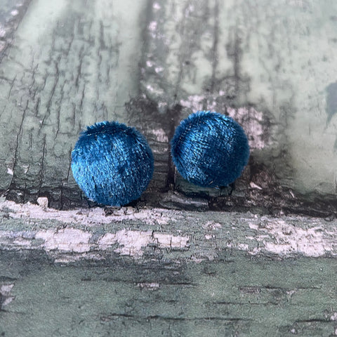 Petrol Blue Crushed Velvet Fabric Button Stainless Steel Stud Earrings