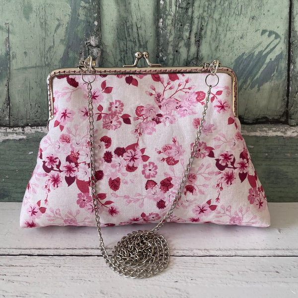 White Pink Pansies Floral Cotton 5.5 Inch Silver Clasp Purse Frame Clutch Bag