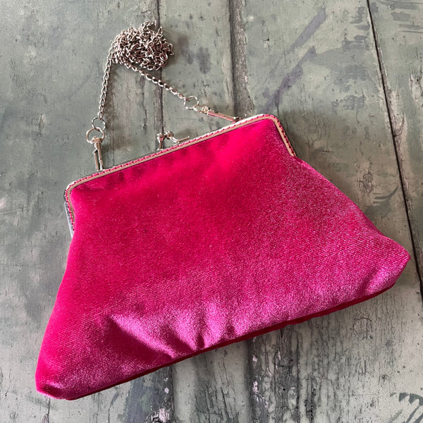 Hot Pink Velvet 5.5 Inch Silver Tone Sew In Clasp Purse Frame Clutch Bag