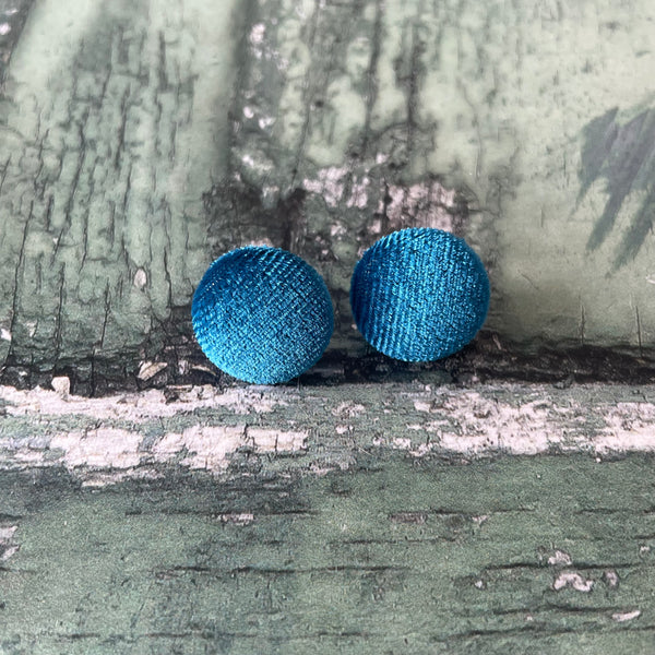 Kingfisher Blue Velvet Fabric Button Stainless Steel Stud Earrings