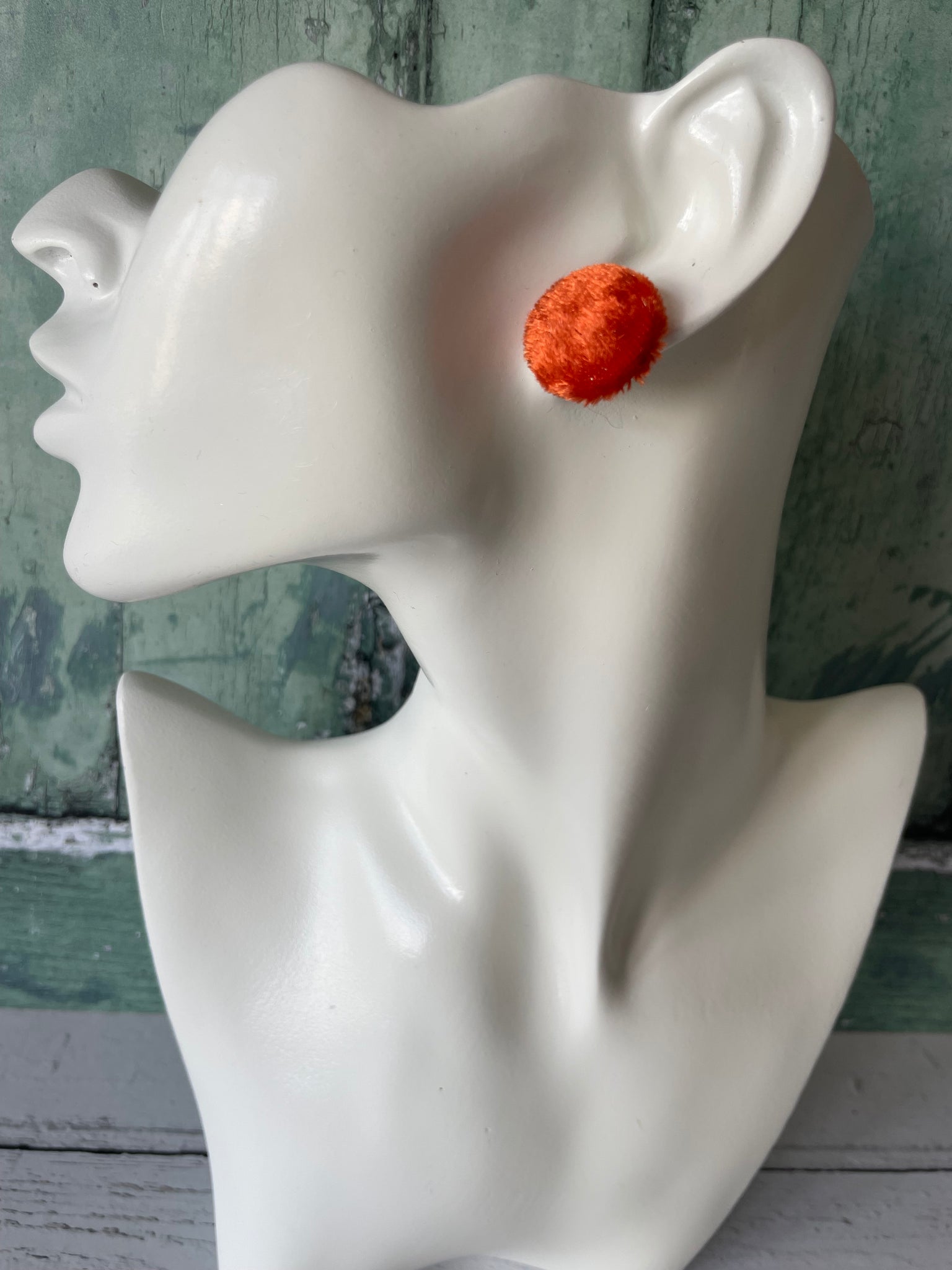 Orange Velvet Fabric Button Stainless Steel Stud Earrings