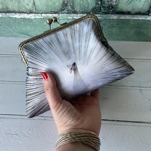 White Peacock Satin 5.5 Inch Clasp Purse Frame Clutch Bag