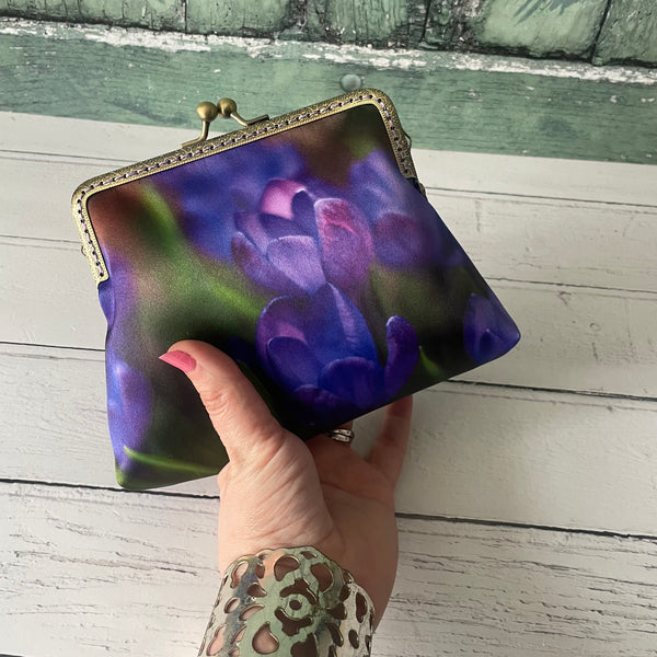 Spring Purple Crocus Floral Satin 5.5 Inch Bronze Clasp Purse Frame Clutch Bag