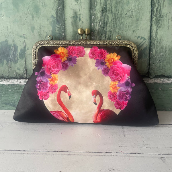 Tropical Floral Moon Flamingos Satin 8 Inch Sew-In Bronze Clasp Purse Frame Clutch Bag