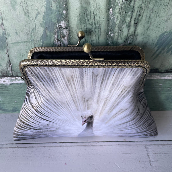 White Peacock Satin 5.5 Inch Clasp Purse Frame Clutch Bag