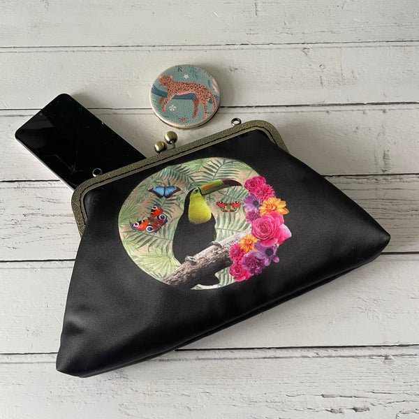 Tropical Floral Moon Toucan Satin 8 Inch Sew-In Bronze Clasp Purse Frame Clutch Bag