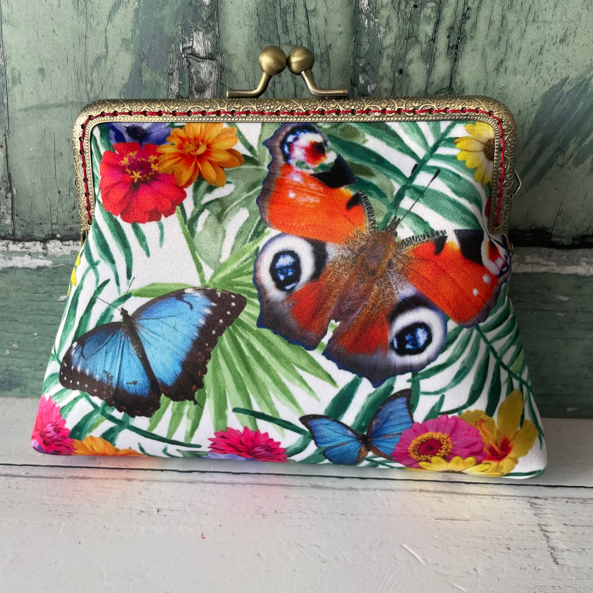 Tropical Floral Butterflies Satin 5.5 Inch Bronze Clasp Purse Frame Clutch Bag